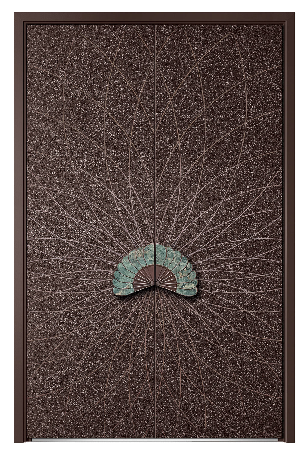 Aluminum Alloy Armored Entry Door — Peacock Fan Handle & Natural Stone Finish