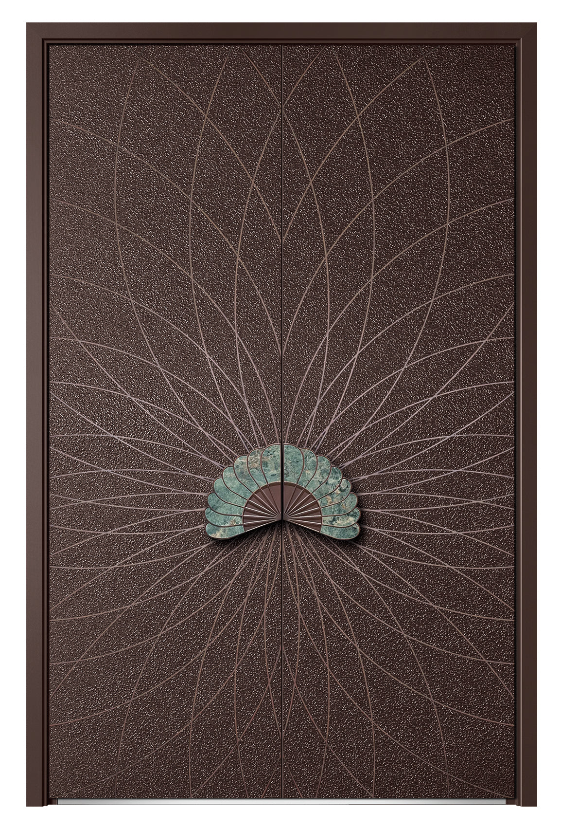 Aluminum Alloy Armored Entry Door — Peacock Fan Handle & Natural Stone Finish