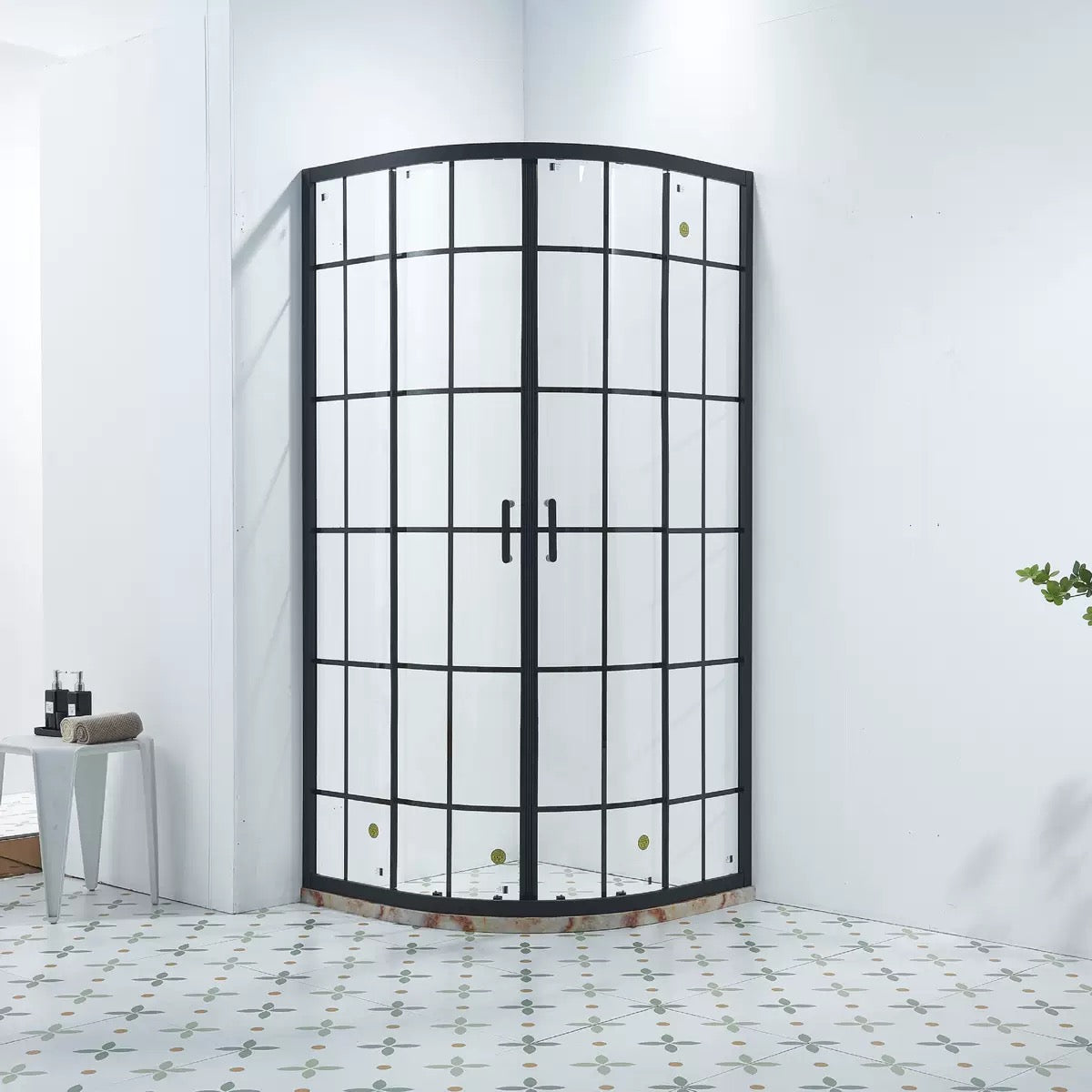Aluminum Alloy Curved Corner Shower Enclosure — Grid Glass Arc Shower Room
