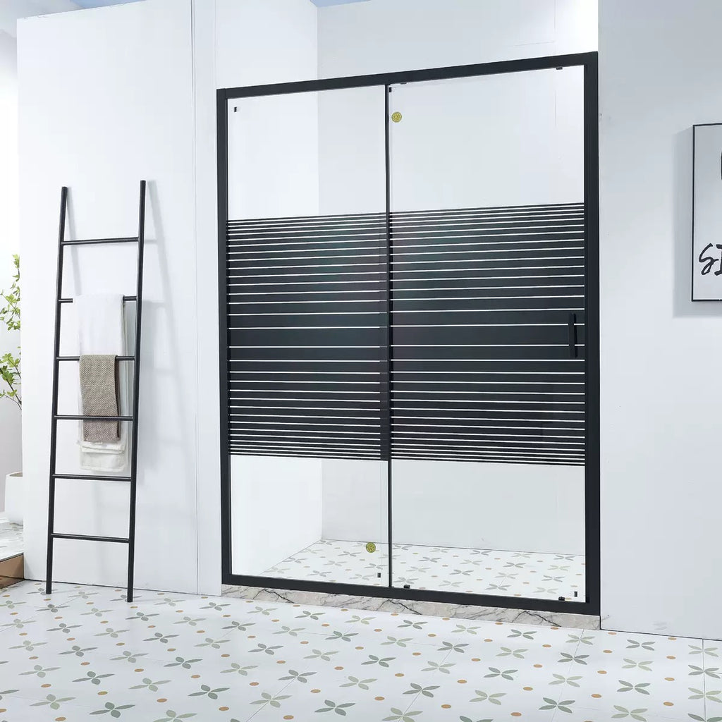 Aluminum Striped Glass Sliding Shower Screen Shower Enclosure - Matte Black Frame and Privacy Stripe Design