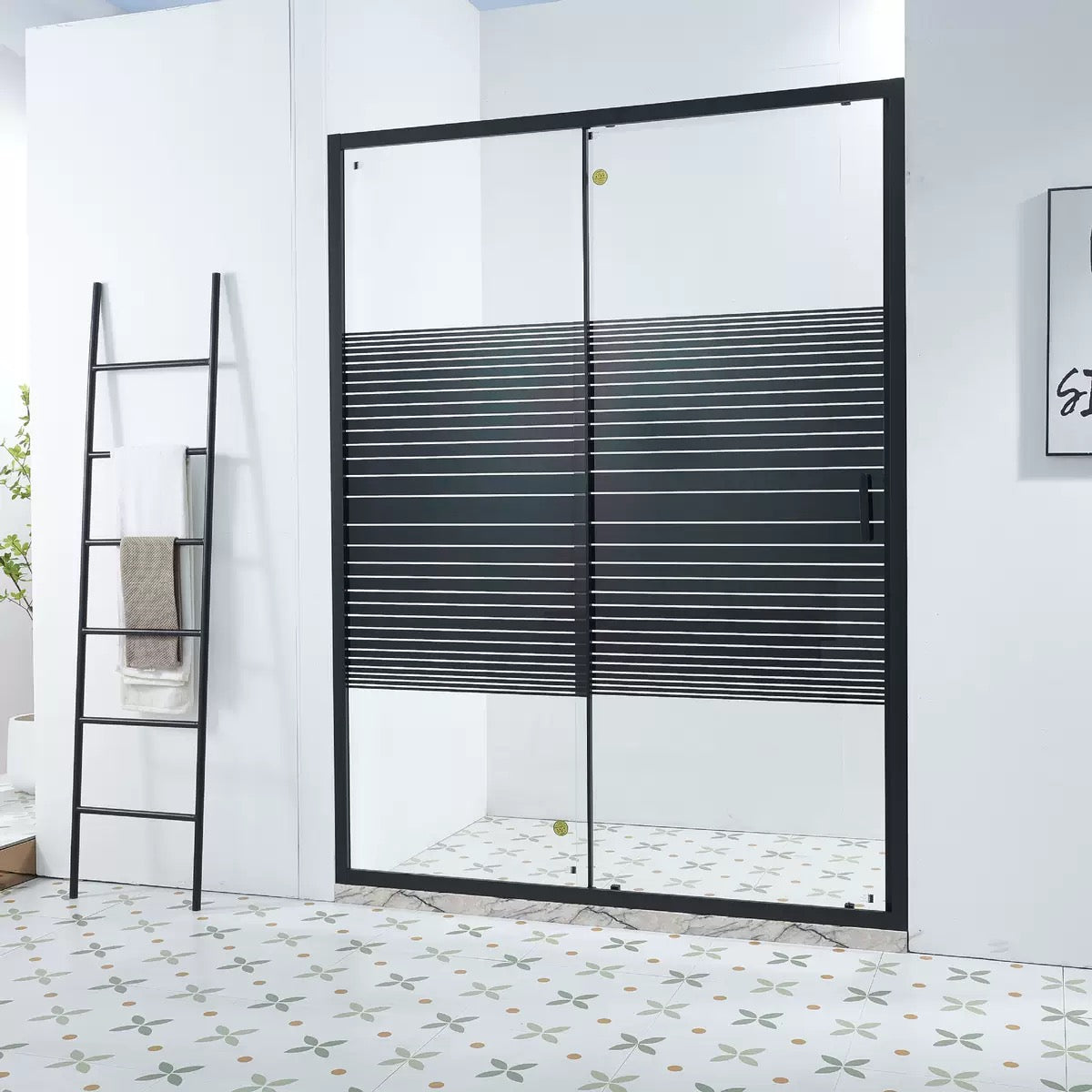 Aluminum Striped Glass Sliding Shower Screen Shower Enclosure - Matte Black Frame and Privacy Stripe Design
