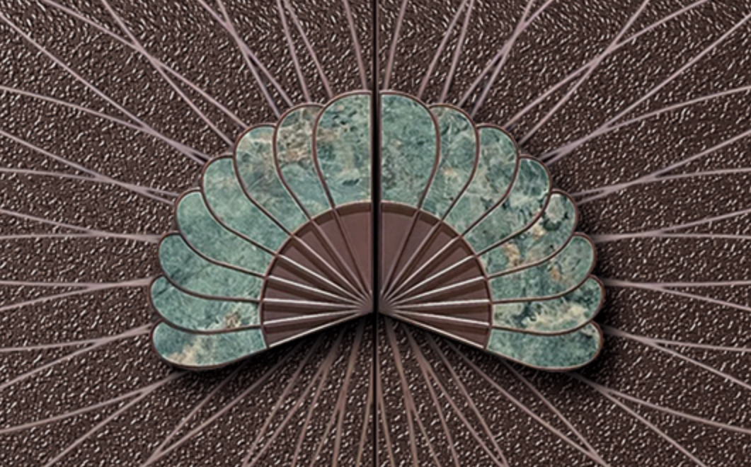Aluminum Alloy Armored Entry Door — Peacock Fan Handle & Natural Stone Finish